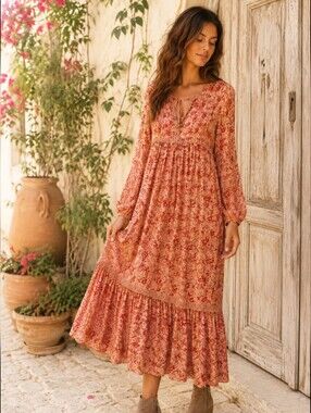 Xhilaration NWT M Floral Boho Chiffon Maxi Dress Lined Long Sleeve Side Zip